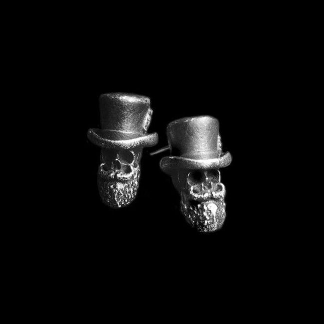 Formal hat skull stud earrings 925 sterling silver gentleman earrings Hover Image