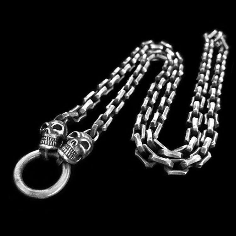 Double Skull Edges Necklace 925 Silver Skull Necklace SSN32