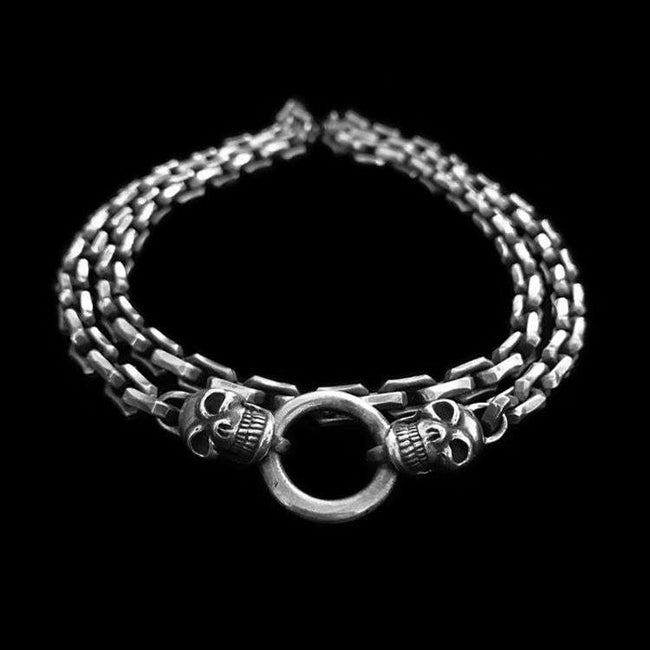 Double Skull Edges Necklace 925 Silver Skull Necklace SSN32 Hover Image