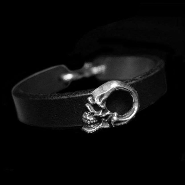 Skull cowhide bracelet 925 sterling silver top layer leather bracelets SSB76 Hover Image