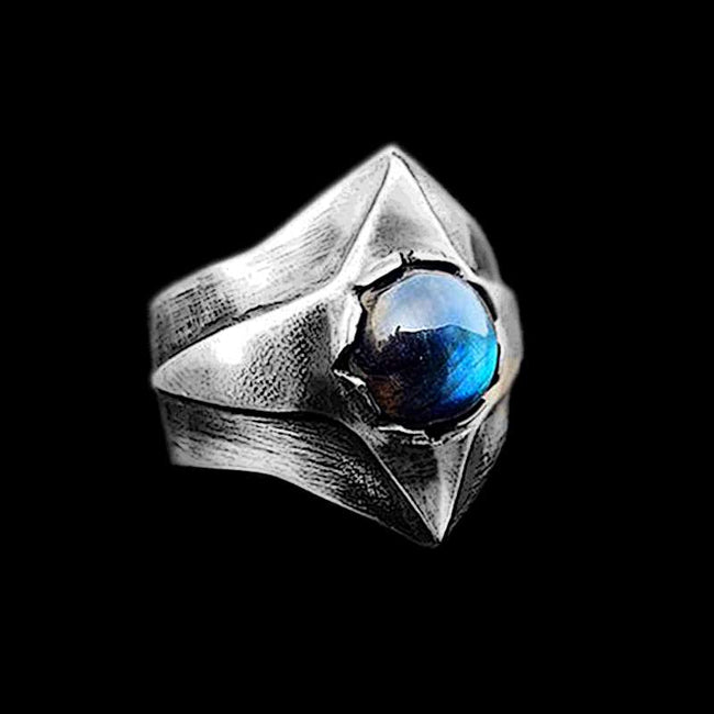 Carved Cross Moonstone Ring - Heavy 925 Sterling Silver Gothic Gift Hover Image