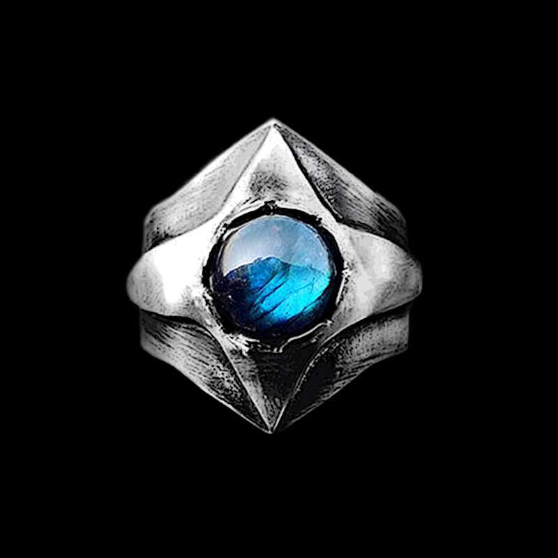 Carved Cross Moonstone Ring - Heavy 925 Sterling Silver Gothic Gift