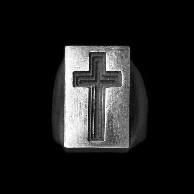 Carved Cross Ring - Heavy 925 Sterling Silver Gothic Gift for Men Hover Image