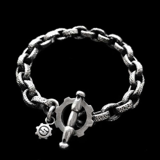 Meteorite pit heavy metal bracelet 925 sterling silver mens bracelets SSB81 Hover Image