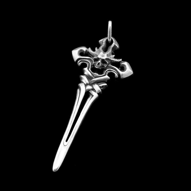 Satan Skull Sword Cross Skull pendant Sterling Silver Dark light skull pendant