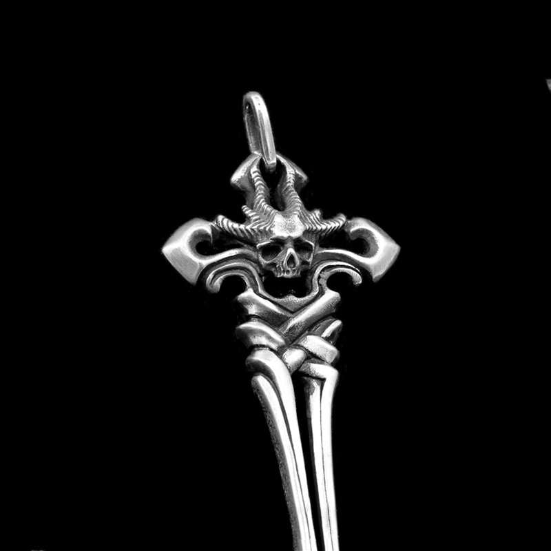 Satan Skull Sword Cross Skull pendant Sterling Silver Dark light skull pendant