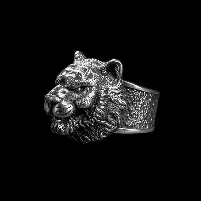 Sterling Silver Panthera Tiger head Ring Domineering mens ring Hover Image