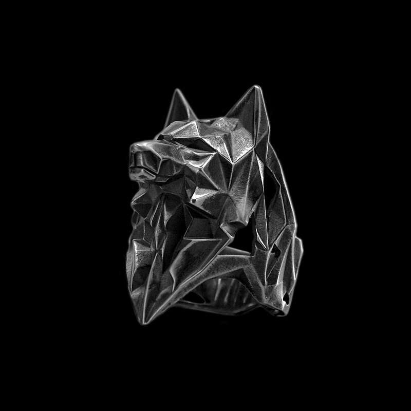 Geometric Wolf Head Ring - Solid 925 Silver