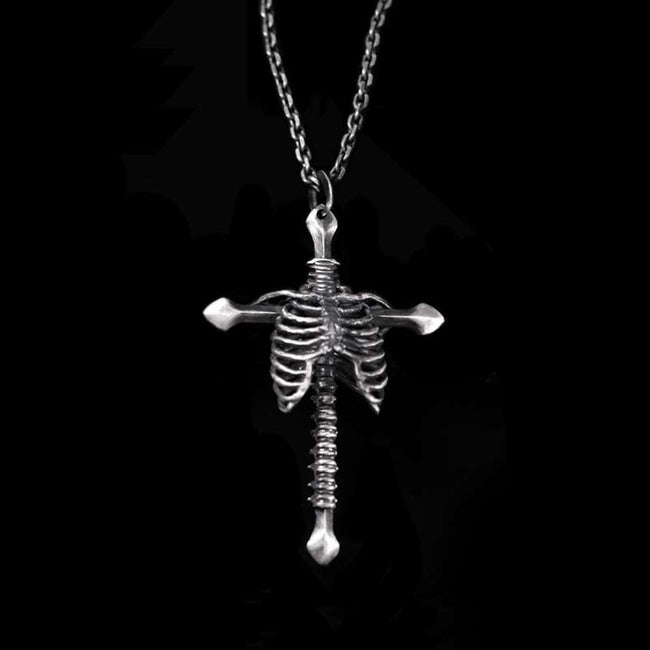 Soul and skeleton silver cross pendant 925 Silver skeleton cross necklace Hover Image