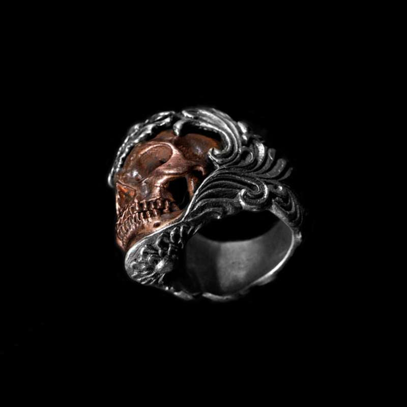 Skull Engagement Rings 925 Silver and Red copper baroque retro pattern skull rings