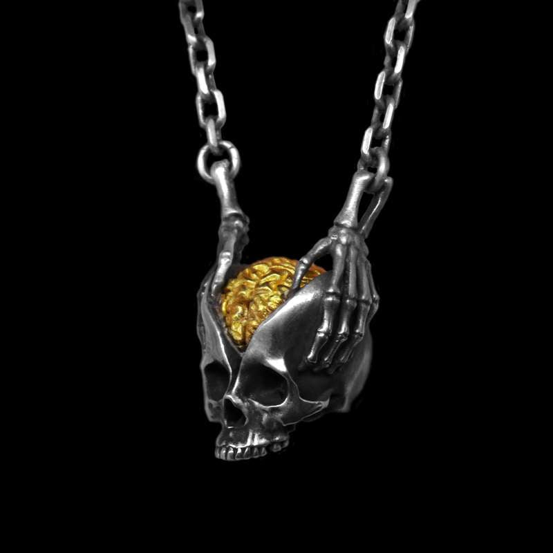 Brain of the God of Wisdom Gold Skull necklace 925 Sterling silver Skull pendant 
