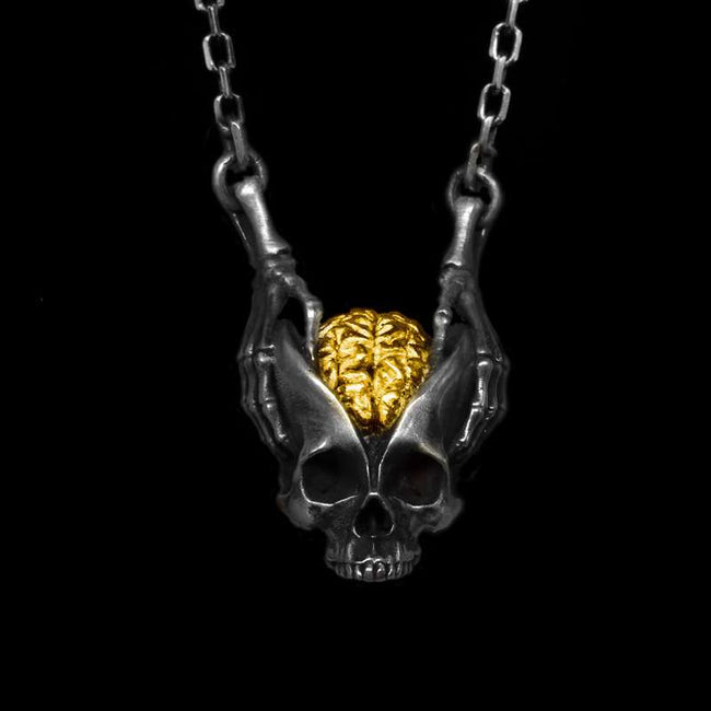 Brain of the God of Wisdom Gold Skull necklace 925 Sterling silver Skull pendant  Hover Image