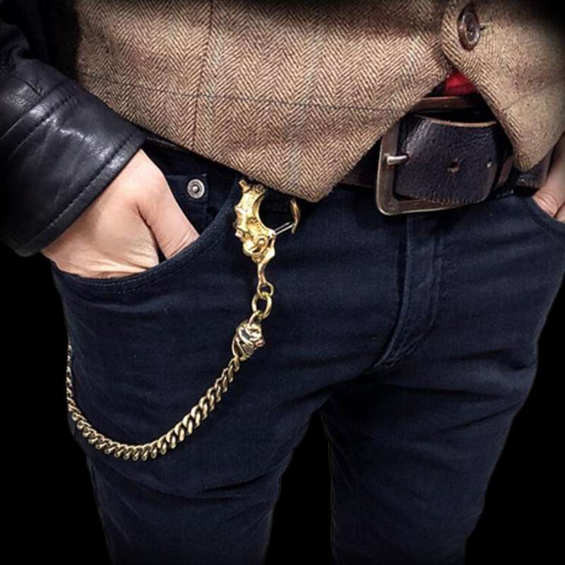 Bearded skull wallet chain brass Double skull buckle copper key chain