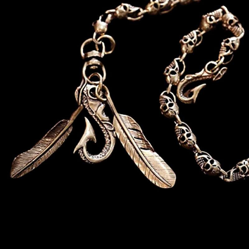 Brass skull wallet chain double feathers copper key chain