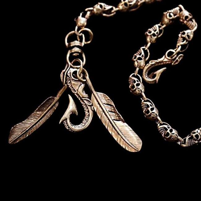 Brass skull wallet chain double feathers copper key chain Main Image