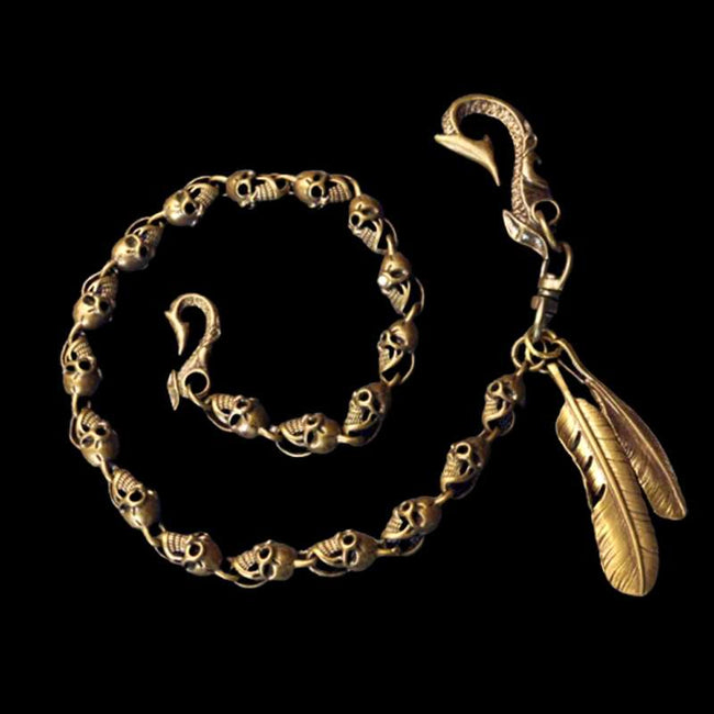 Brass skull wallet chain double feathers copper key chain Hover Image