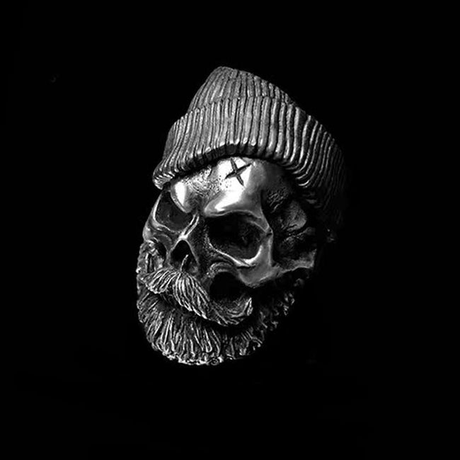 Bearded tough guy wearing hat skull rings for men Main Image