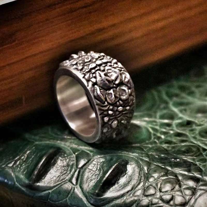 Crocodile rings 925 silver ring with crocodile leather texture