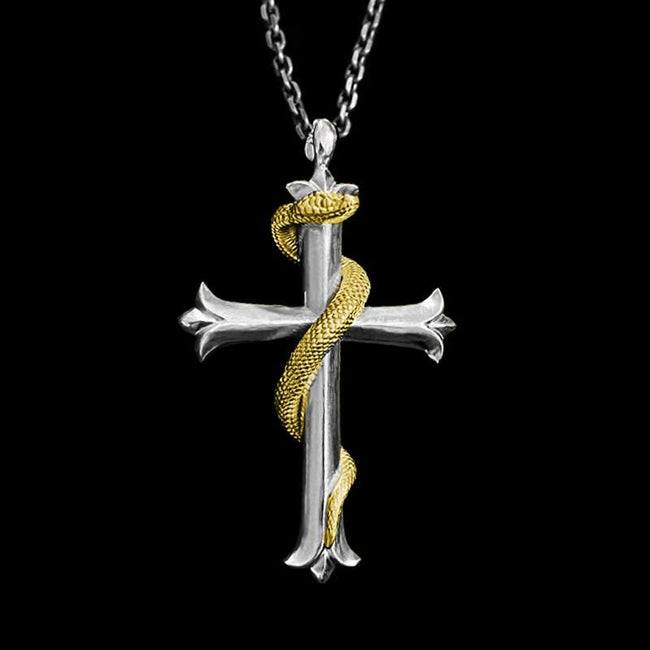 Gold snake necklace 24K gold cross necklace silver cross pendant  Hover Image