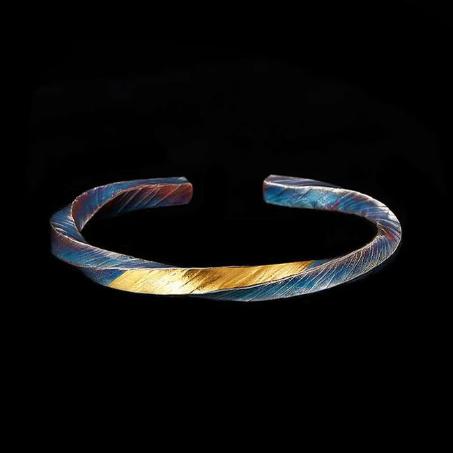 Viking Bracelet | Hand-Engraved Viking War Silver Bracelet with 24K Gold Inlay Hover Image