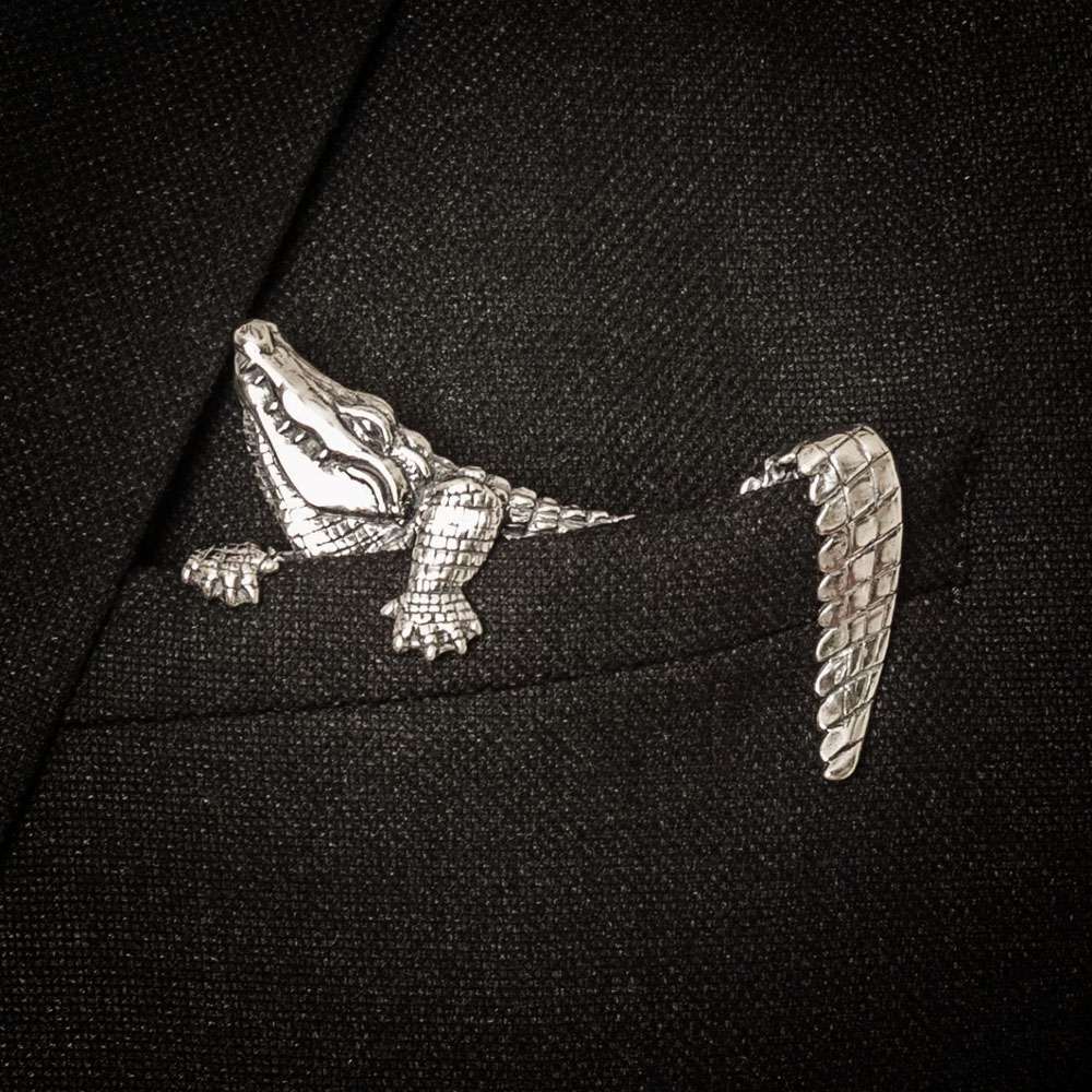 Crocodile Brooch - 925 Silver Handmade Pocket Square Alternative