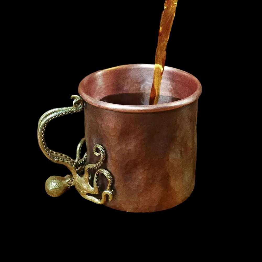 Red Copper Coffee Cup with Octopus Handle | Handmade Tea & Espresso Mug