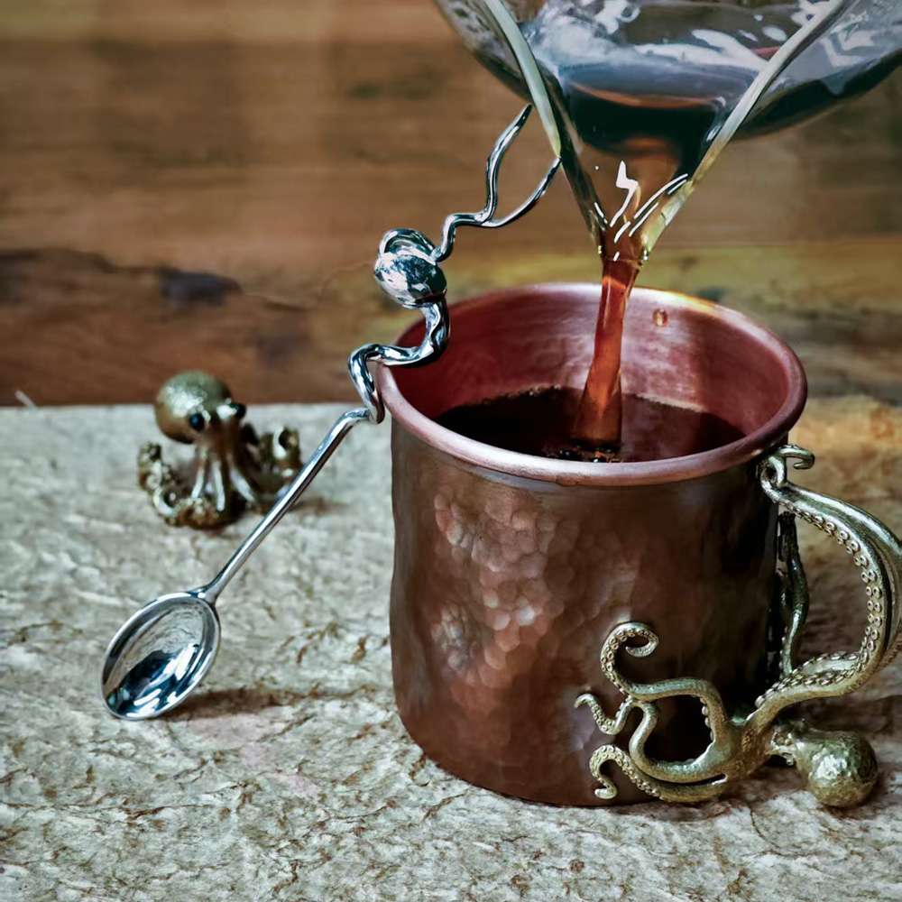 Red Copper Coffee Cup with Octopus Handle | Handmade Tea & Espresso Mug