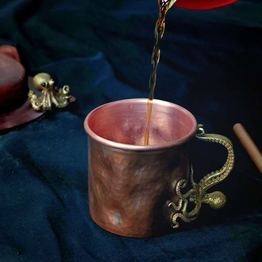 Red Copper Coffee Cup with Octopus Handle | Handmade Tea & Espresso Mug
