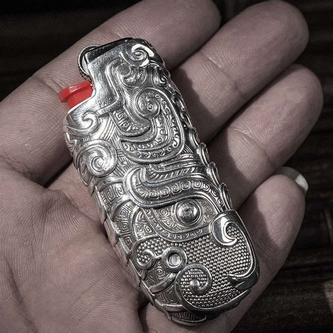 Taotie Flame Lighter Case for BIC J5 – 925 Silver Engraved Gothic Lighter Sleeve Main Image