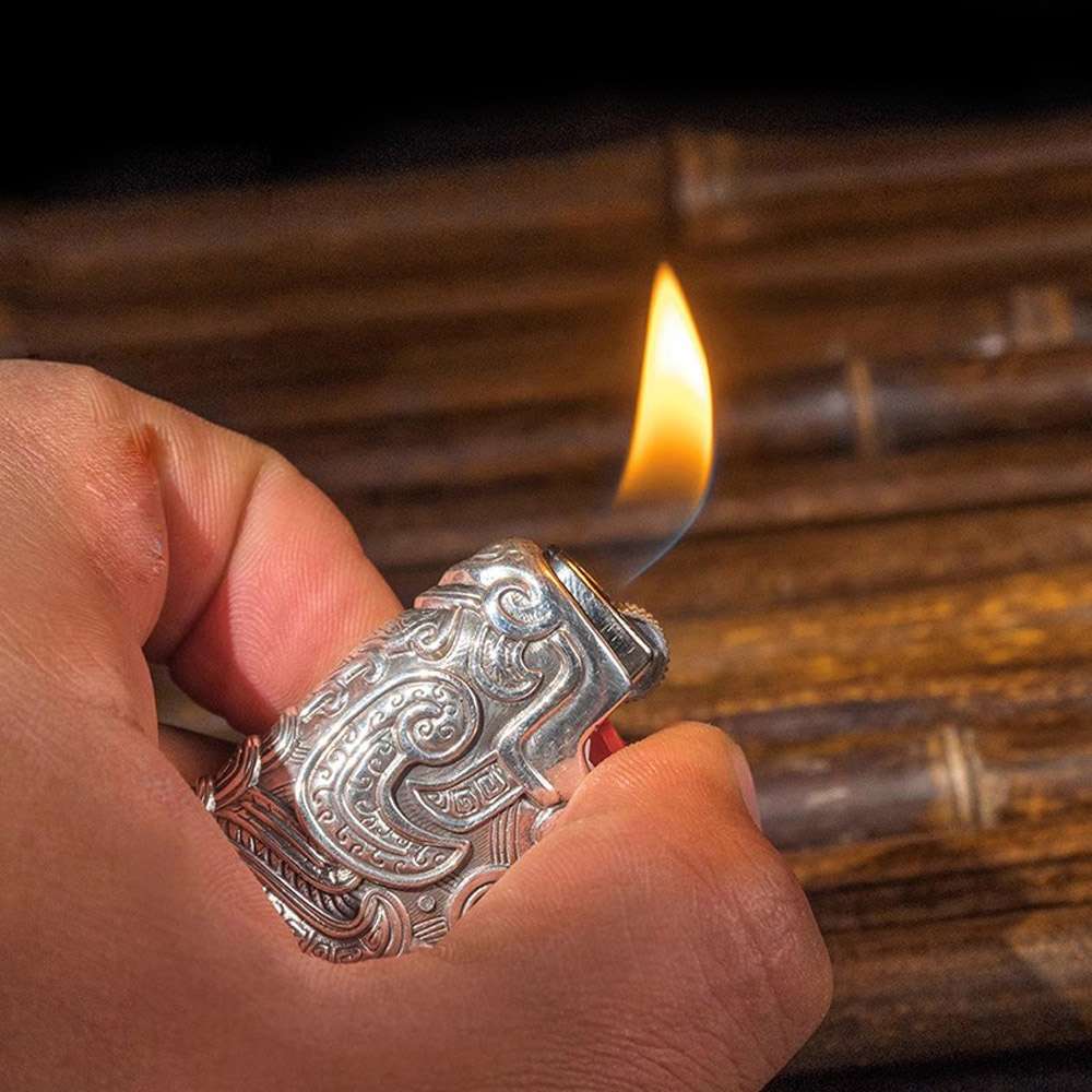 Taotie Flame Lighter Case for BIC J5 – 925 Silver Engraved Gothic Lighter Sleeve
