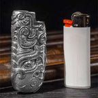 Taotie Flame Lighter Case for BIC J5 – 925 Silver Engraved Gothic Lighter Sleeve