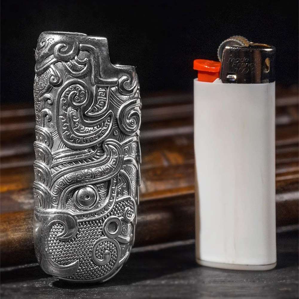 Taotie Flame Lighter Case for BIC J5 – 925 Silver Engraved Gothic Lighter Sleeve