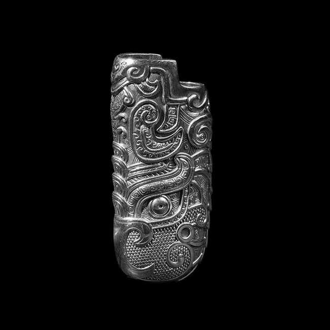 Taotie Flame Lighter Case for BIC J5 – 925 Silver Engraved Gothic Lighter Sleeve Hover Image