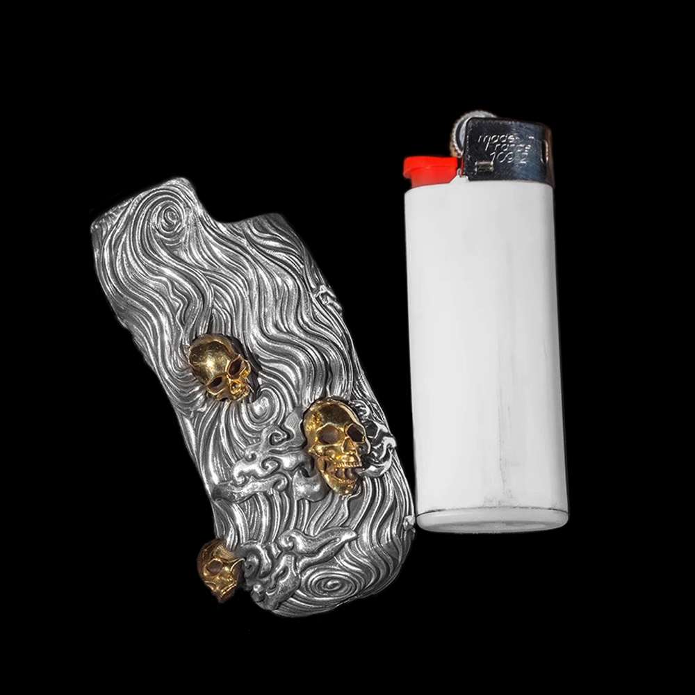 Skull Silver & Brass BIC Lighter Case - Hand Engraved Cover