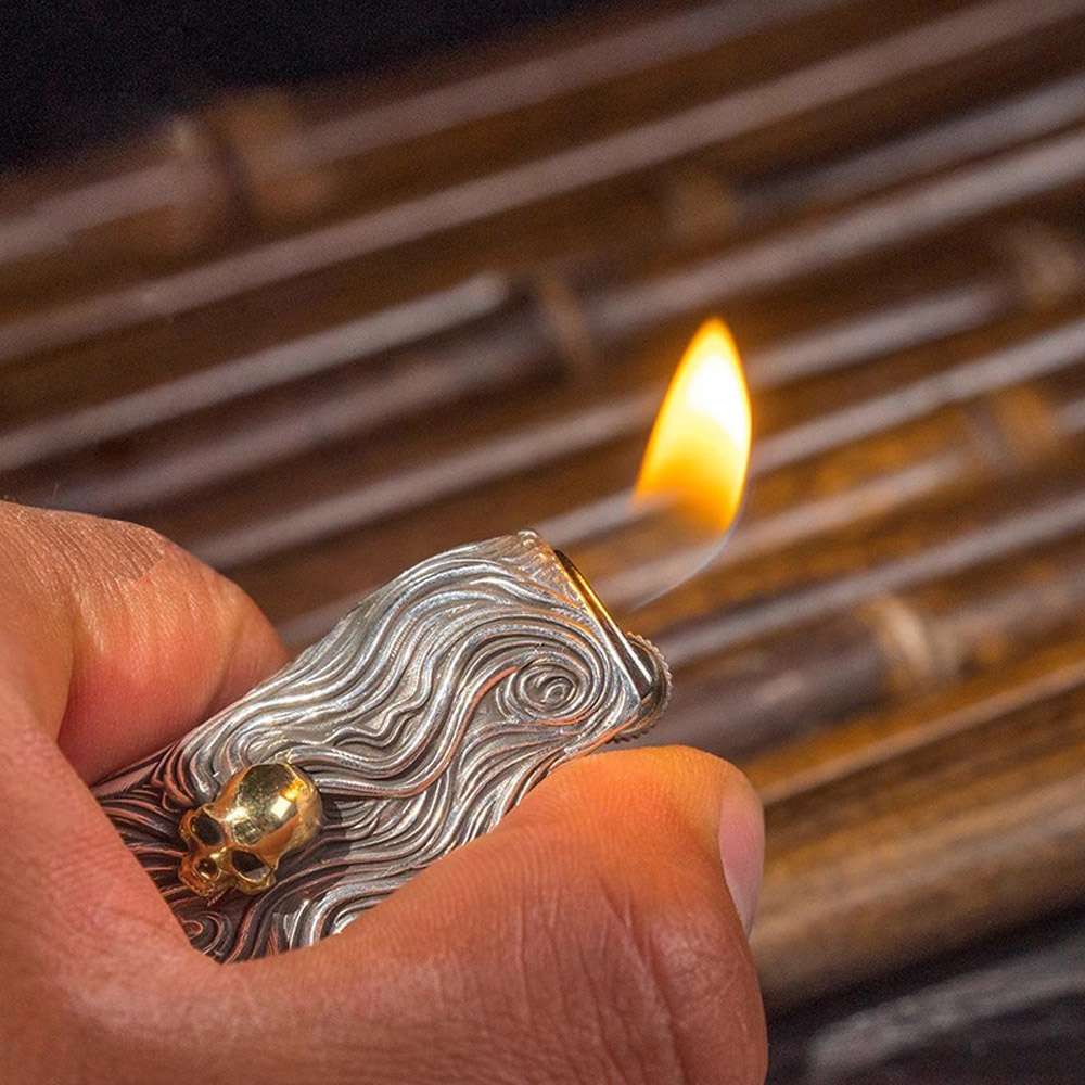 Skull Silver & Brass BIC Lighter Case - Hand Engraved Cover