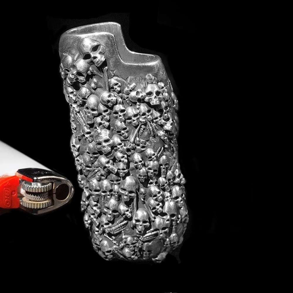 Skull Sterling Silver BIC Lighter Case - Hand Engraved Cover