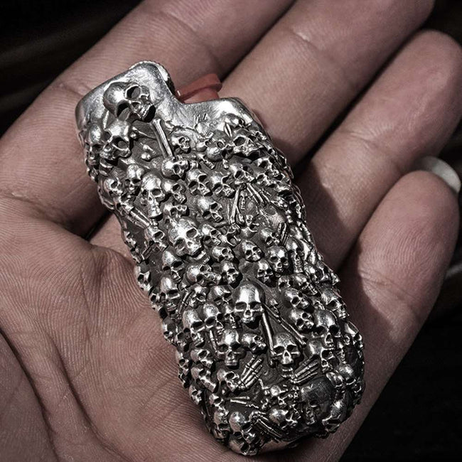 Skull Sterling Silver BIC Lighter Case - Hand Engraved Cover Main Image