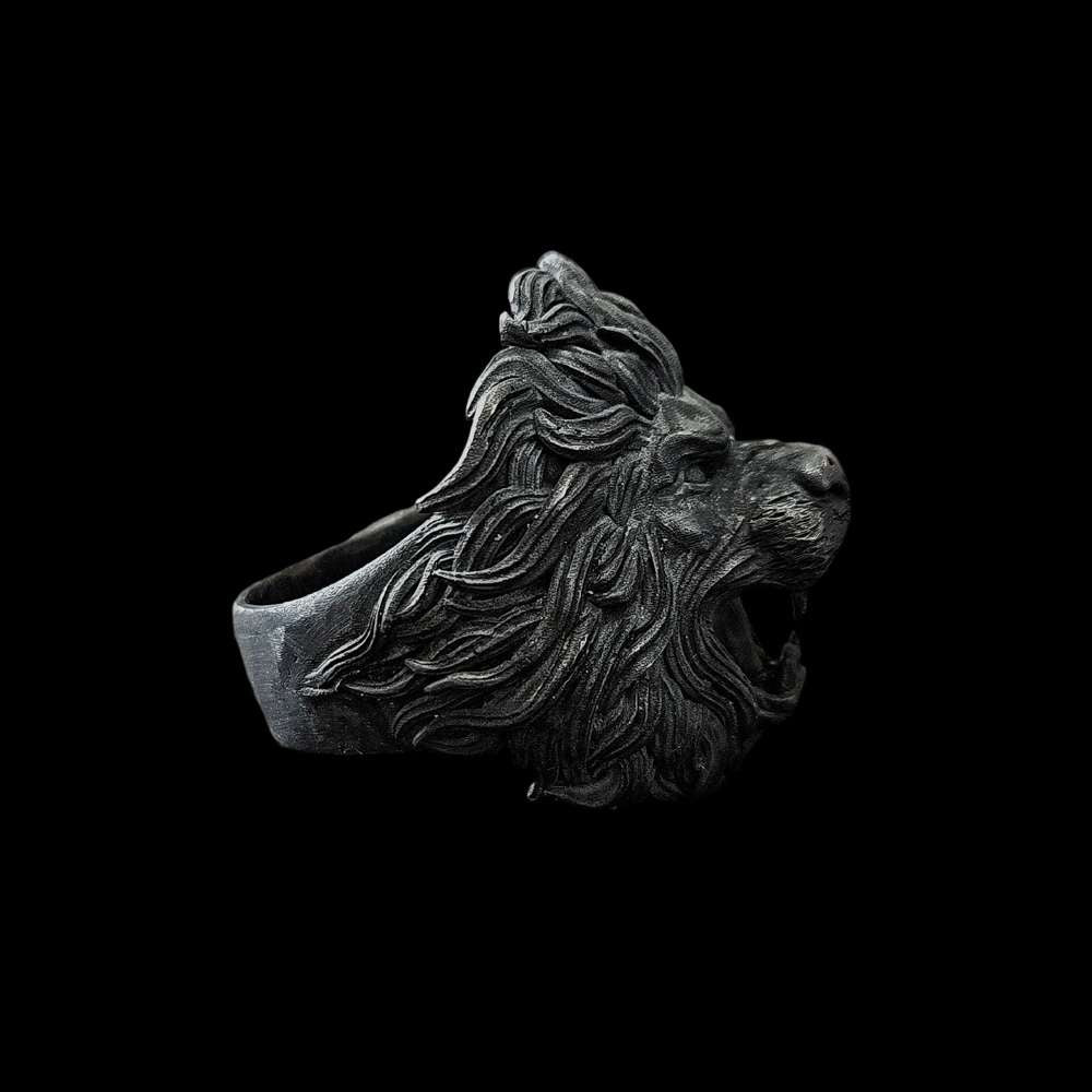 Solid Silver Lion Head Ring - Hand Carved Men's Jewelry