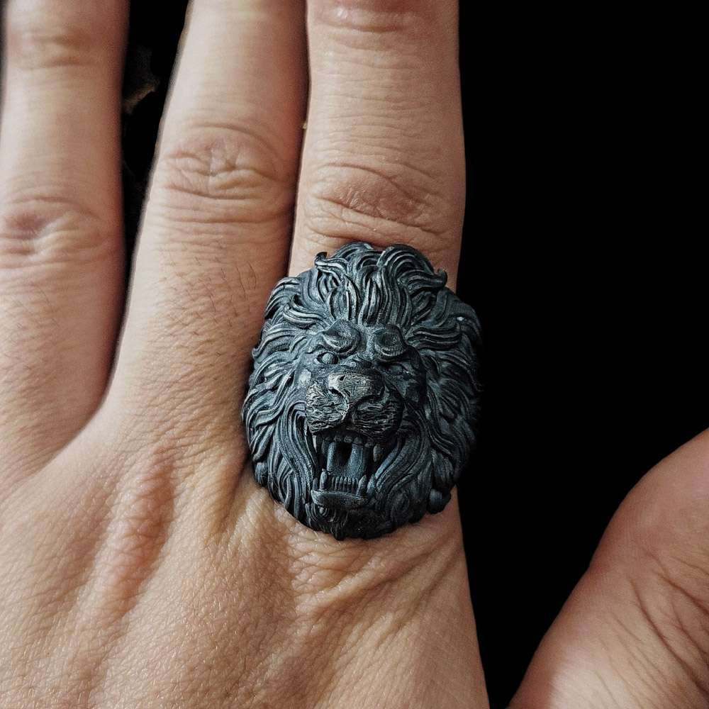 Solid Silver Lion Head Ring - Hand Carved Men's Jewelry