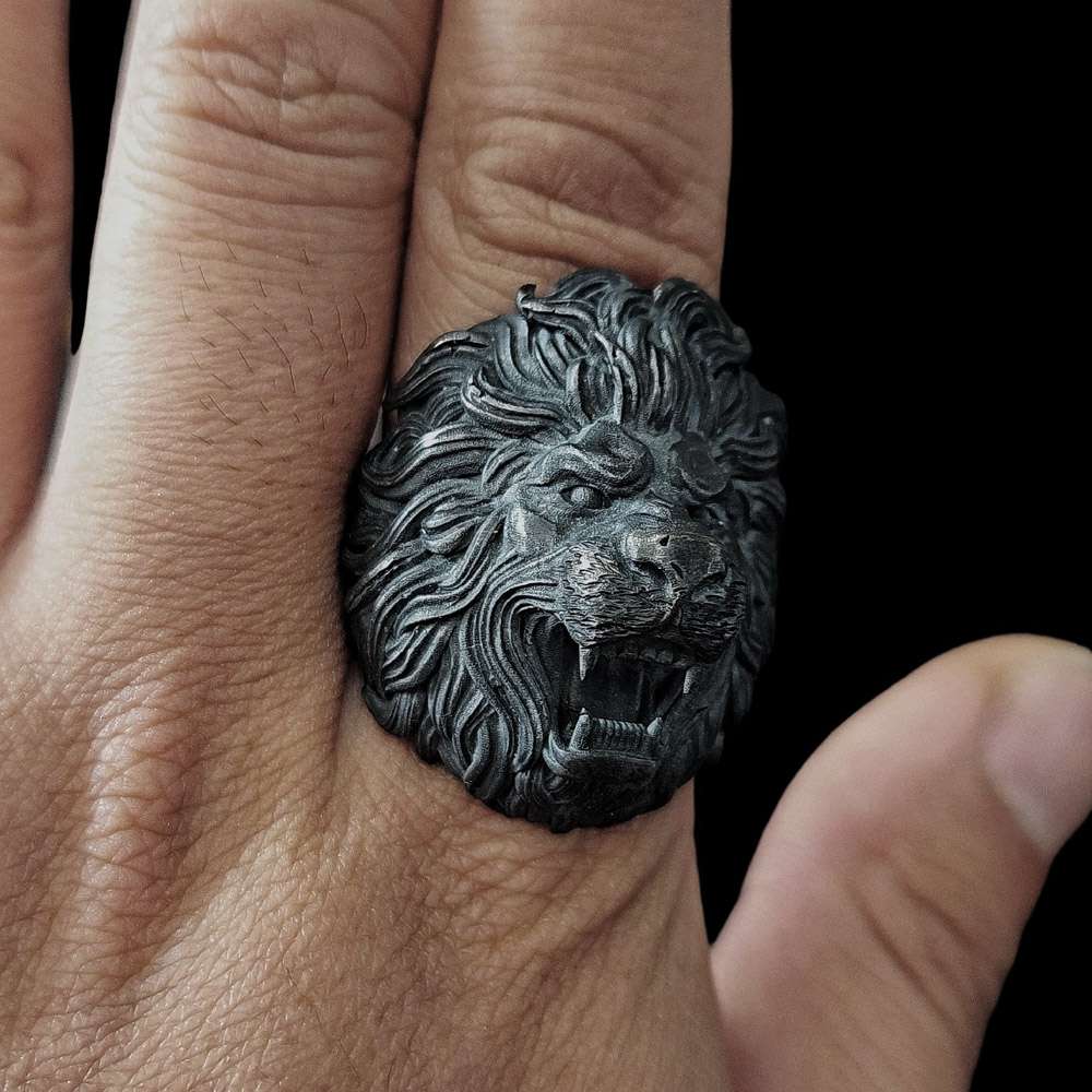 Solid Silver Lion Head Ring - Hand Carved Men's Jewelry