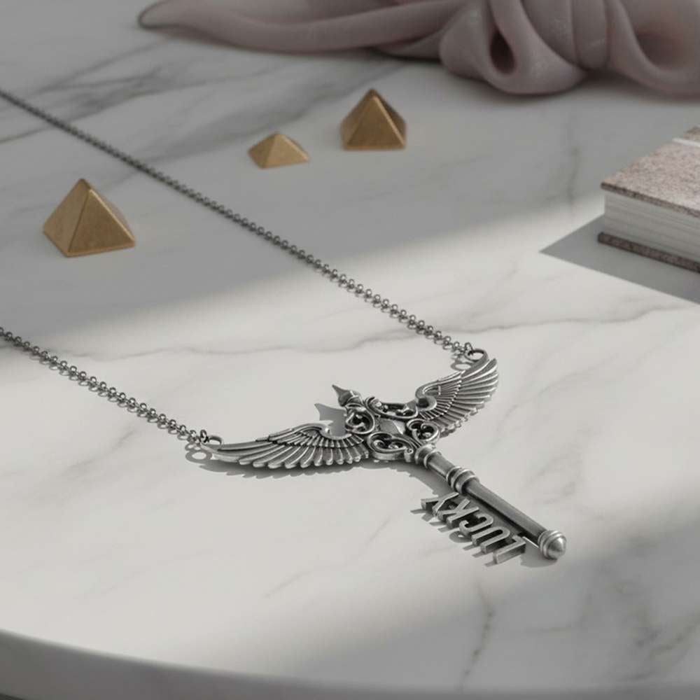 Custom Name Necklace – 925 Silver Angel Wing Key Pendant