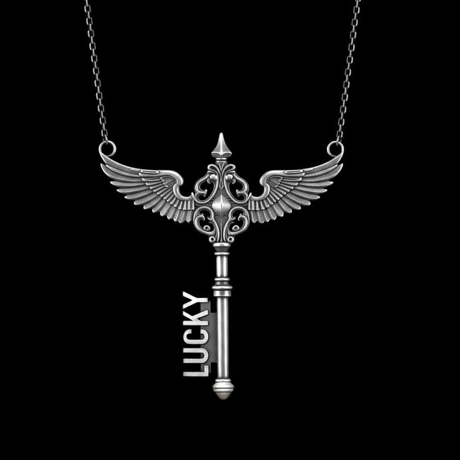 Custom Name Necklace – 925 Silver Angel Wing Key Pendant Hover Image