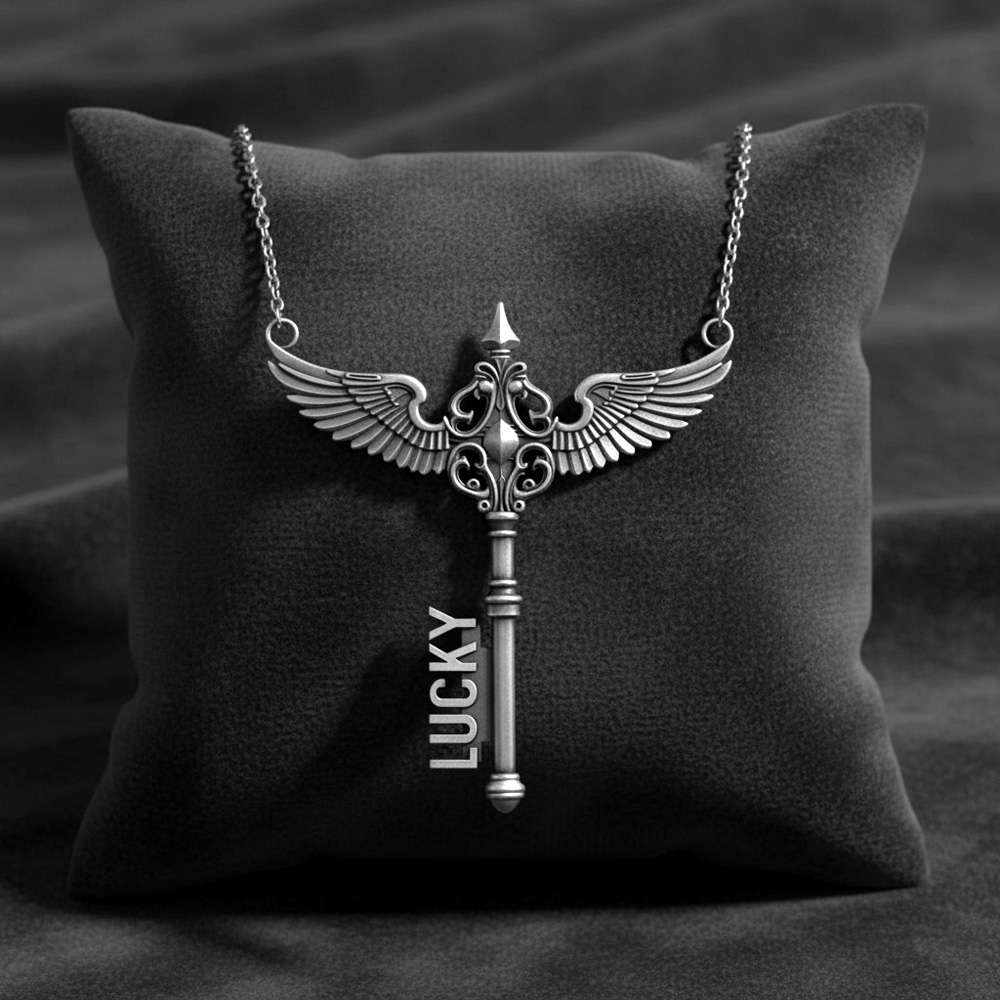 Custom Name Necklace – 925 Silver Angel Wing Key Pendant