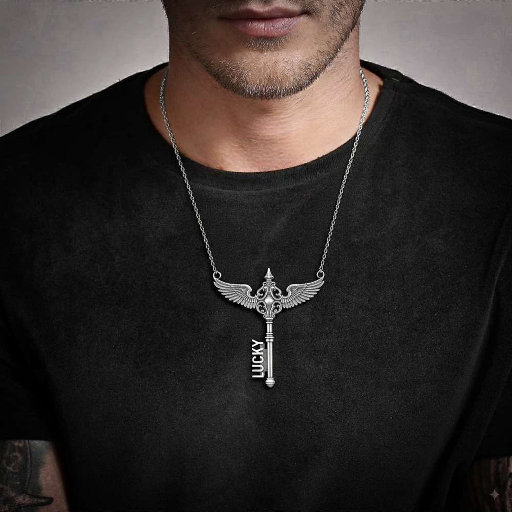 Custom Name Necklace – 925 Silver Angel Wing Key Pendant