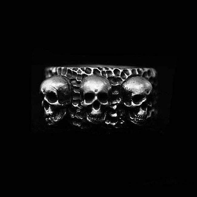 Three heads Skull Ring Silver Skull mens pinky rings Hover Image