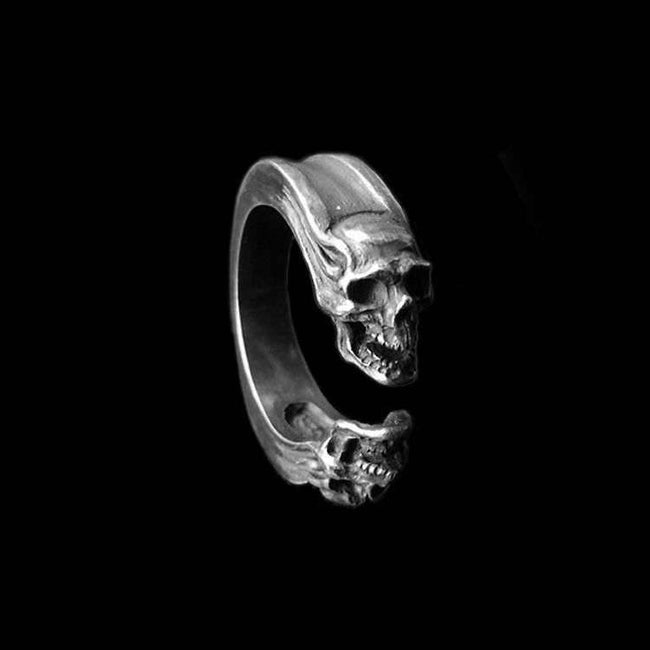 Twin skull Ring 925 Silver Opening ring Gemini Skull mens pinky rings Hover Image