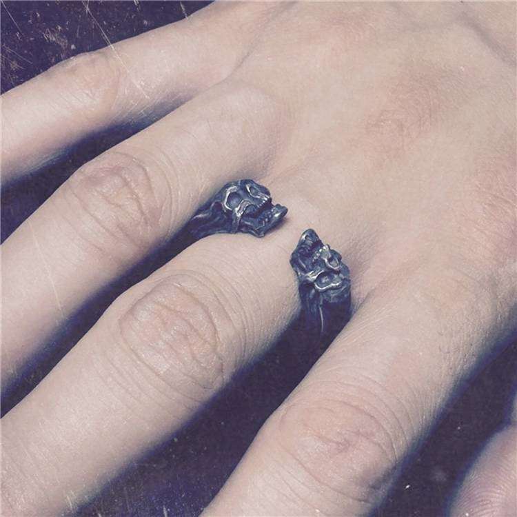 Twin skull Ring 925 Silver Opening ring Gemini Skull mens pinky rings