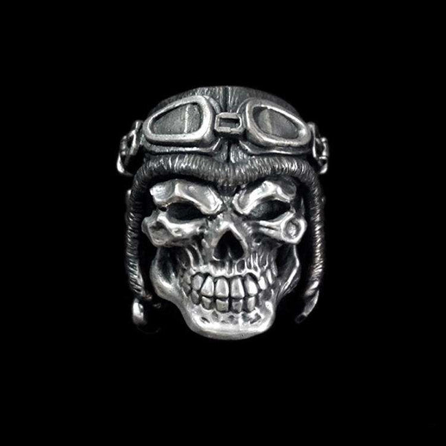 Pilot Skull Silver Ring - Heavy 925 Sterling Hover Image