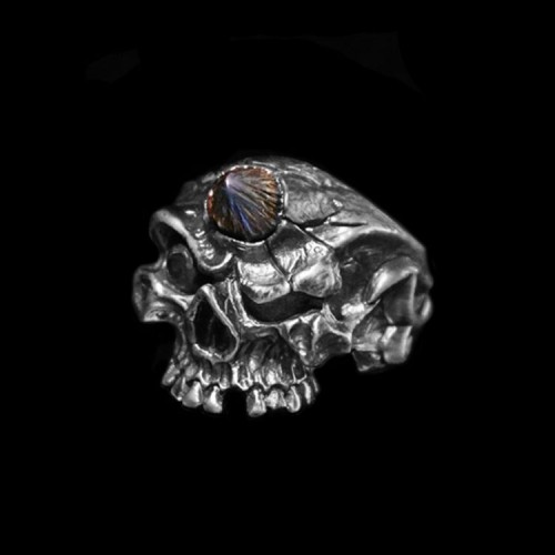 Copper horns skull Ring 925 silver Copper horns No jaw skull rings SSJ158