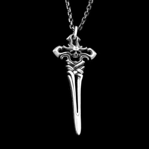 Satan Skull Sword Cross Skull pendant Sterling Silver Dark light skull pendant